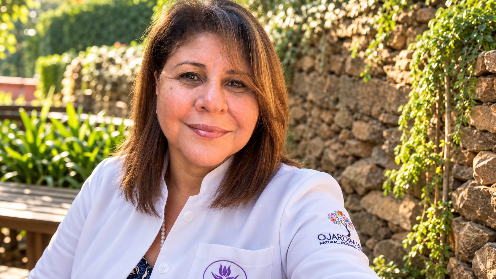Cleusa Ramos, especialista em aromaterapia e psicoaromaterapia, de jaleco no consultório O Jardim Santo
